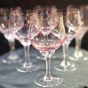 7 Vintage Sasaki Pink Crystal Wine Goblets